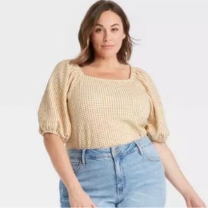 White and Yellow XL Puff Sleeve Top - Never Worn
